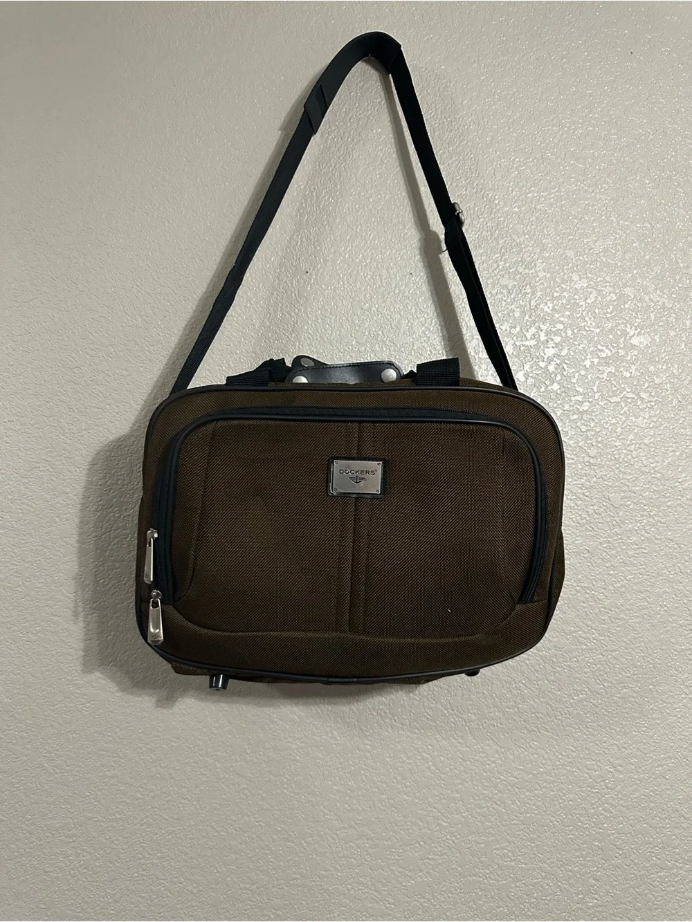 Dockers Dark Brown Canvas Messenger Bag with Black Strap